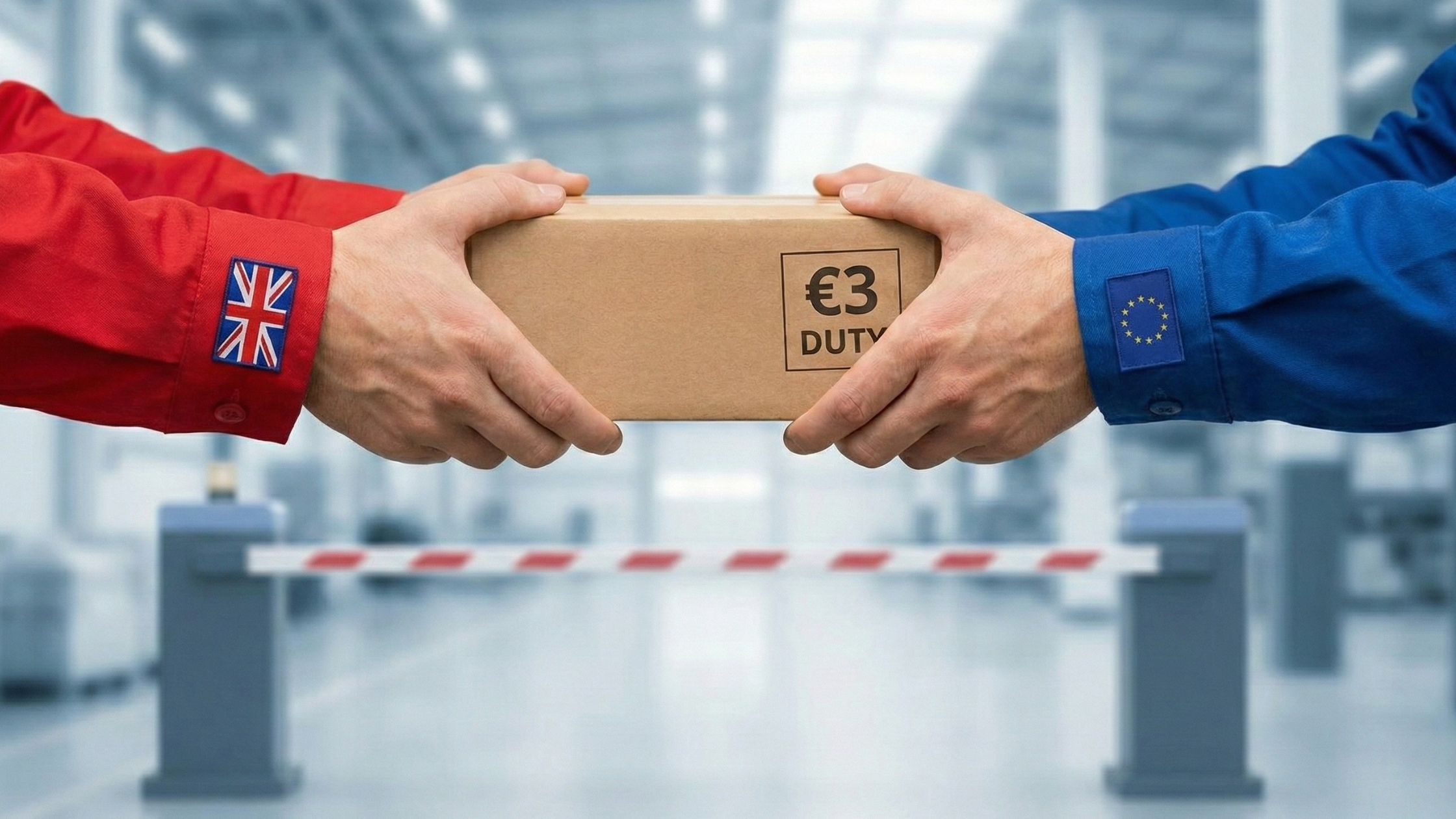 Hands in British and EU uniforms holding a parcel labelled '€3 import duty', on either side of a border barrier.