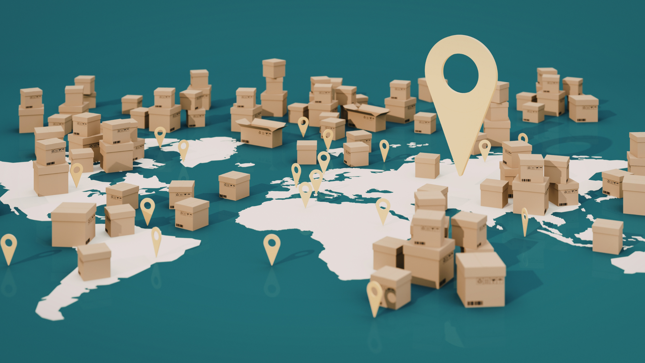 3D world map with shipping boxes and location pins representing scalable e-commerce fulfillment.